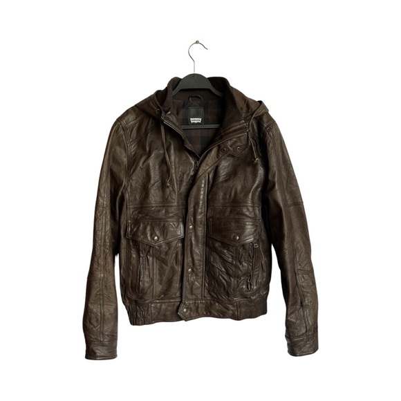 Levi’s brown leather hooded flannel lined jacket size Medium